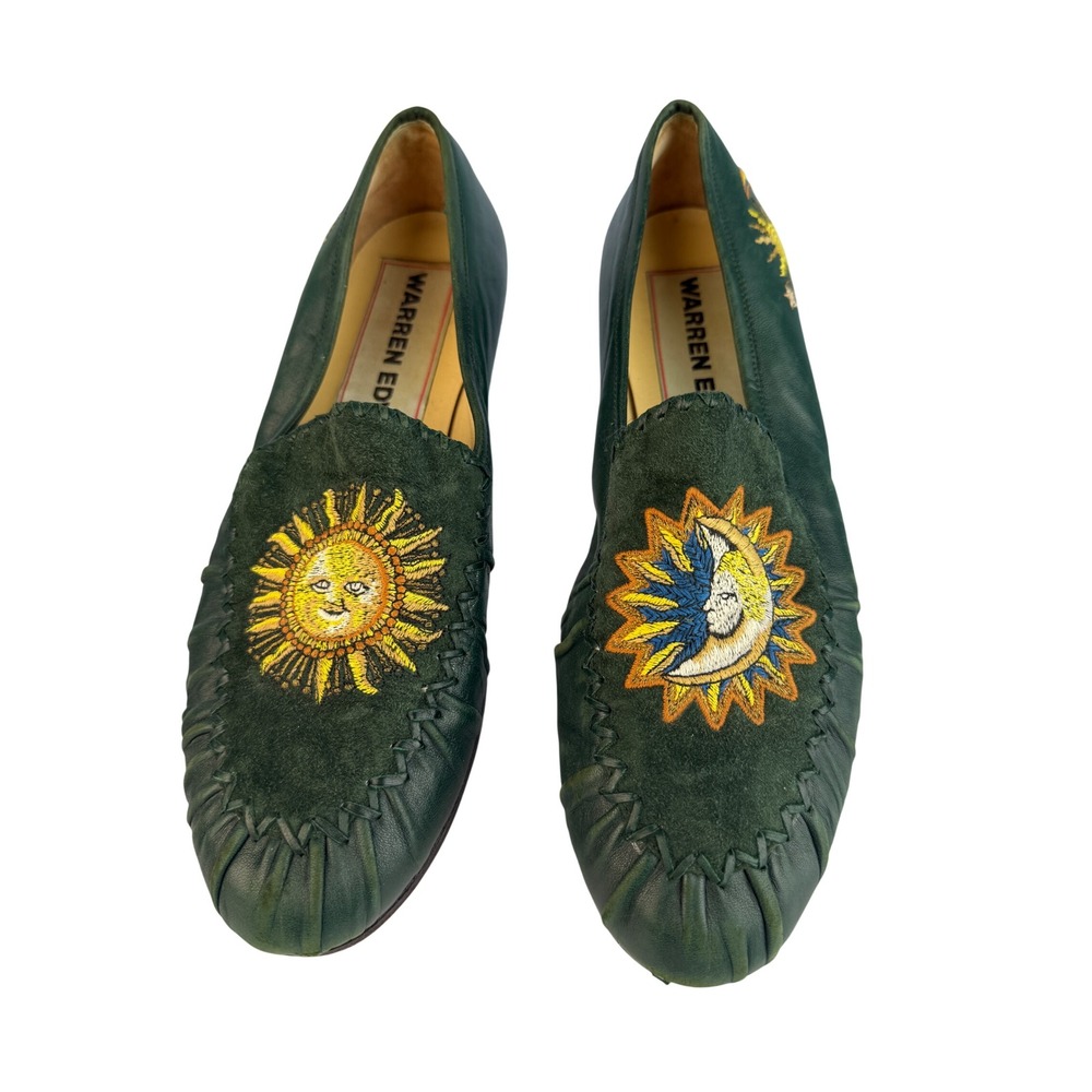 Susan Bennis Warren Edwards Leather Loafers Green Sun Moon Embroidery Italian - Picture 10 of 13